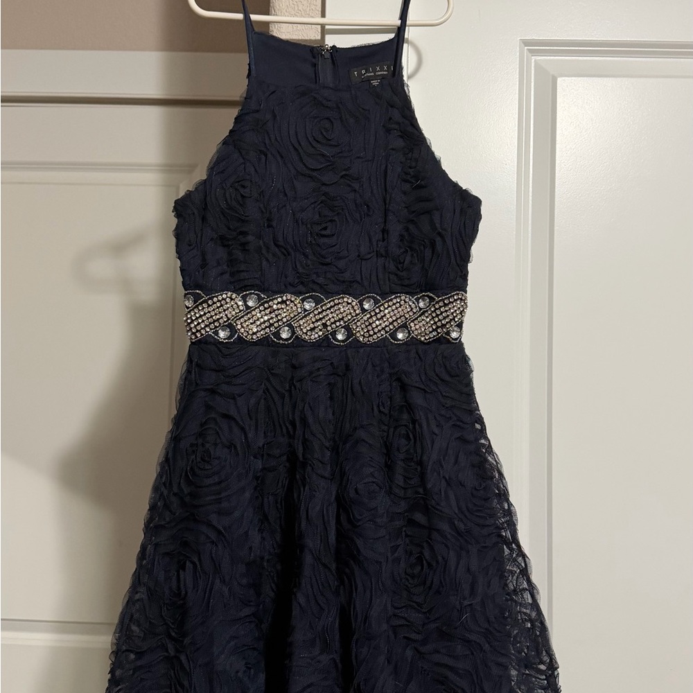 Elegant Navy Blue Dress with Embellished Waist